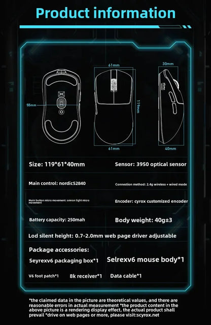 SCYROX V6 Non-Porous Wireless Mouse Esports 40g 750IPS with 8K Receiver Fast Response 3950 High Quality 8KHz Gaming Mouse