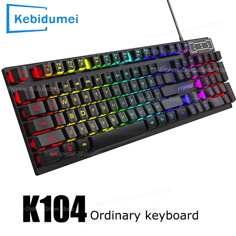 Teclado Gaming com Fio de 104 Teclas com Sensação Mecânica para Portátil e PC, Ergonómico, Retroiluminado RGB, 61 Teclas, Switches Cyan e Keycaps