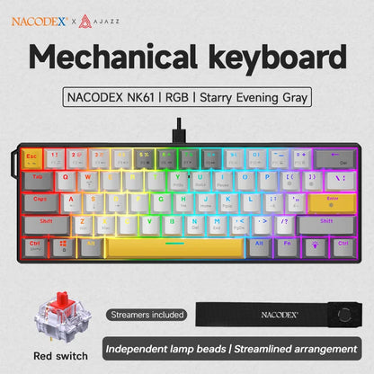 Teclado mecânico gaming com fios AJAZZ NK61 60% RGB hot-swappable, 61 teclas, switch vermelho, mini teclado para PC gamer