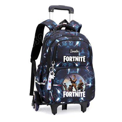 Mochila com Rodas Fortnite Anime, Impermeável, de Grande Capacidade, para Estudante — Saco Escolar Casual de Viagem com Carrinho e Subida Fácil de Escadas