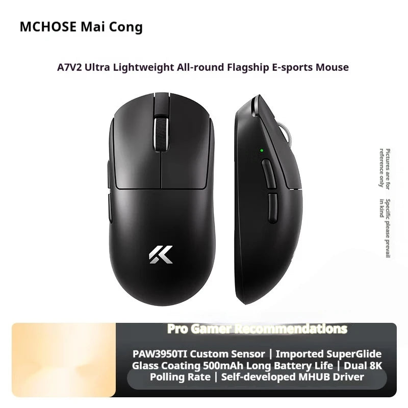 Ratón inalámbrico MCHOSE A7 V2 Ultra+ trimodo ligero Paw3950 Ti 42000dpi 500mah para PC, esports, portátil y gaming, accesorios para ratones