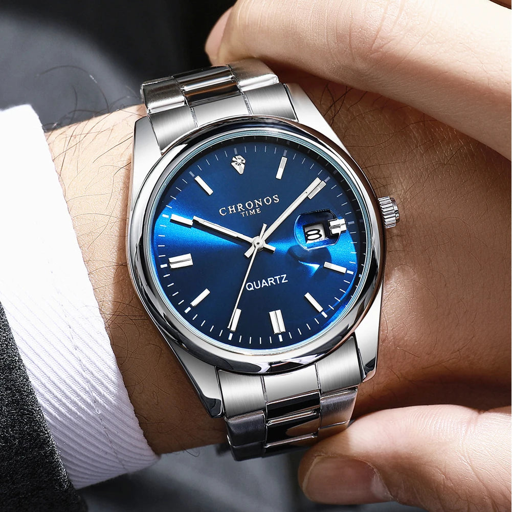 Montre-bracelet pour homme CHRONOS – Marque de luxe, étanche, lumineuse, avec affichage de la date, en acier inoxydable, à mouvement à quartz.