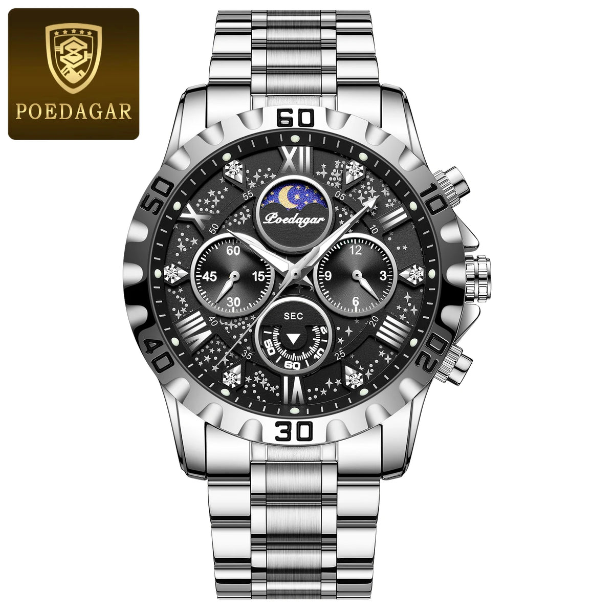 Reloj para hombre POEDAGAR: cronógrafo de lujo, resistente al agua y luminiscente, de acero inoxidable, de estilo deportivo y militar, con movimiento de cuarzo