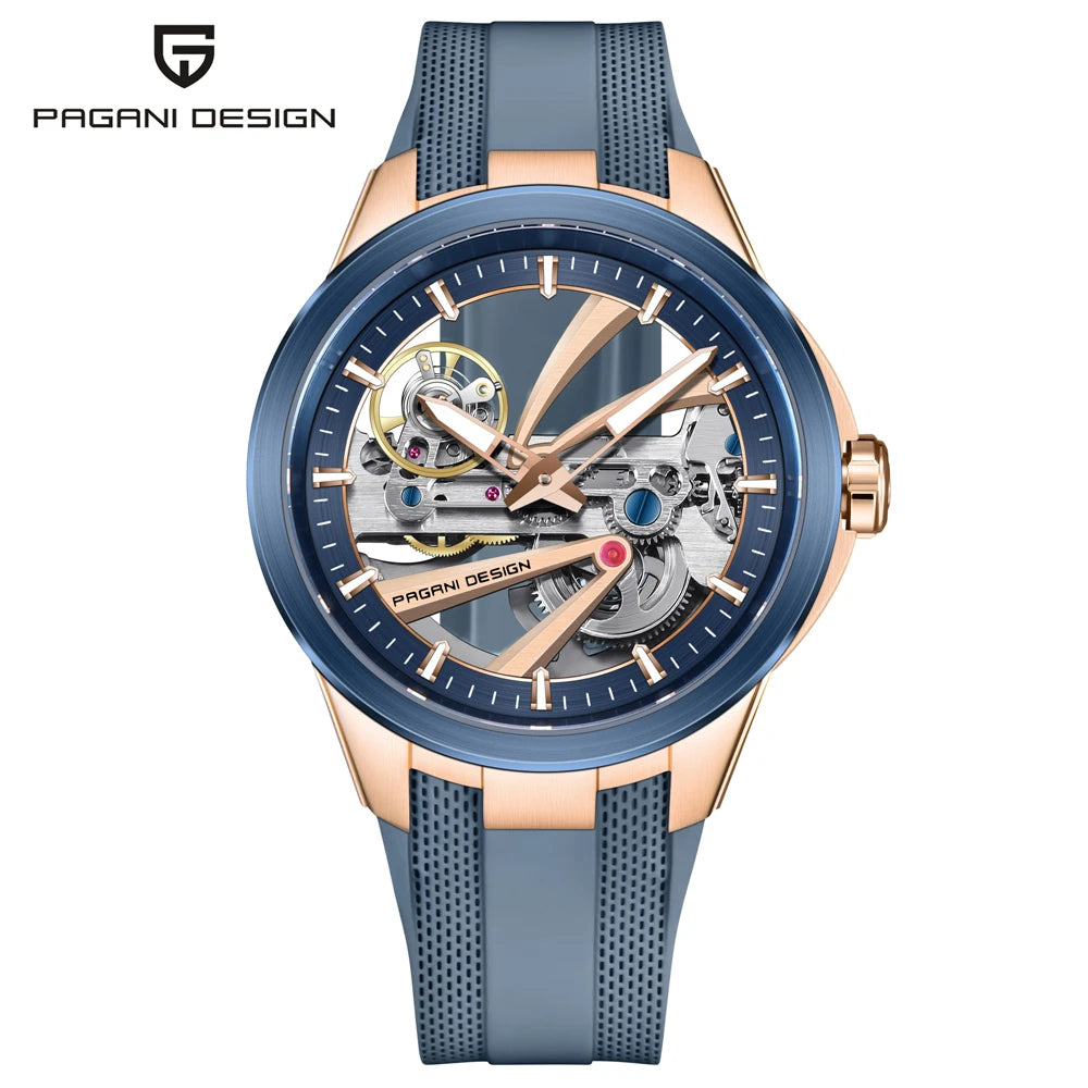 Herrklocka från PAGANI DESIGN – Mekanisk automatisk lyxmodell av typen ”skelett” (öppen mekanism), utrustad med en tourbillon, safirglas med antireflexbehandling, vattentät och självlysande.