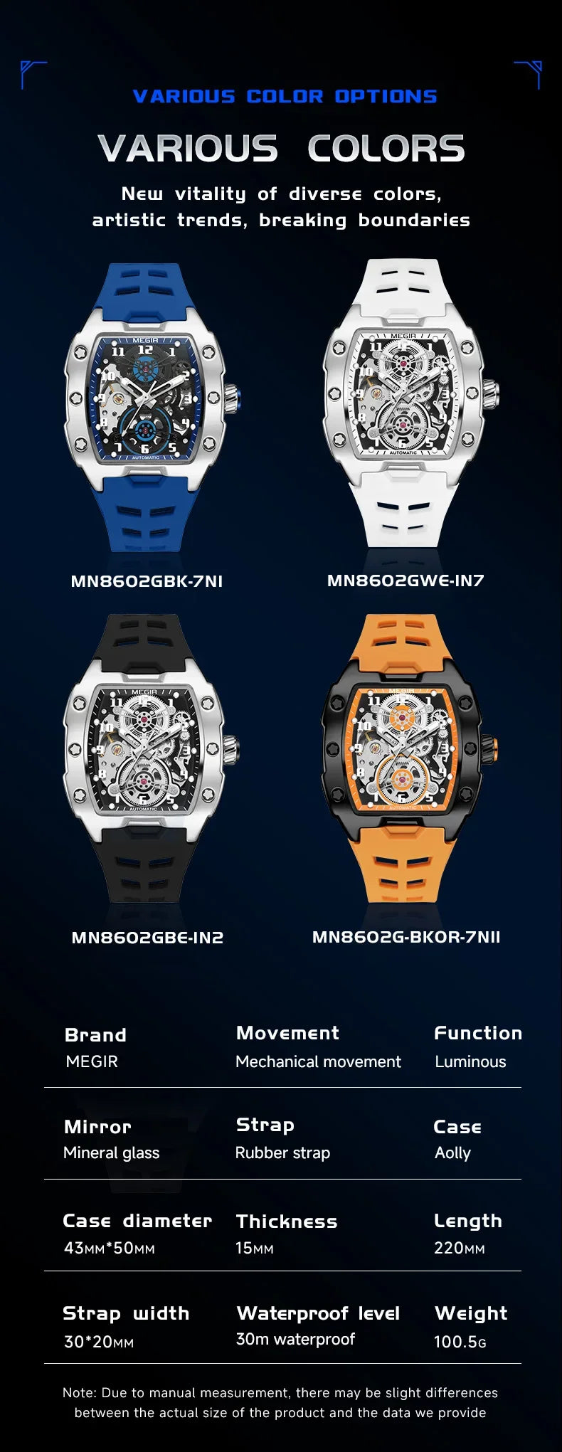 MEGIR Fashion Sport Alloy Case Men Mechanics Watch Waterproof Silicone Band Barrel Shaped Dial Luminous Pointer Man Wristwatches