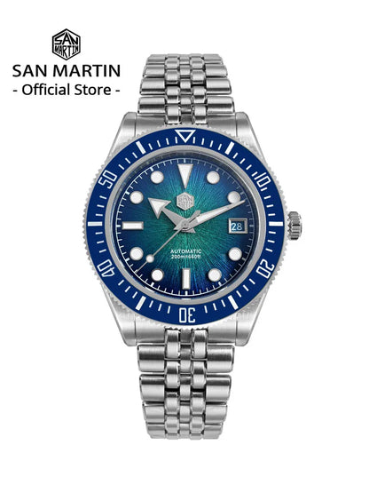Relógio de mergulho de luxo para homem San Martin 40mm Miyota 9015, mostrador em esmalte sunburst, relógio de pulso mecânico automático, resistente à água 200m, SN0148