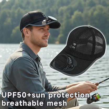 Prodyšný sluneční klobouk — solární ventilátor, nabíjení přes USB