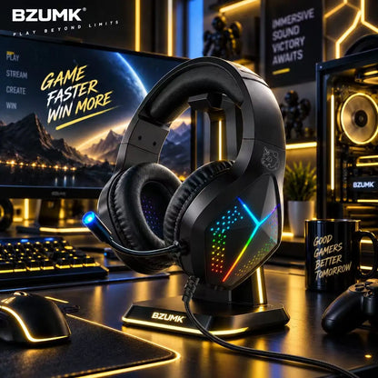 Casque de jeu filaire BZUMK H2, son surround 7.1 RGB, haut-parleurs de 50 mm, casque supra-auriculaire, microphone à réduction de bruit pour PC, PS4, PS5