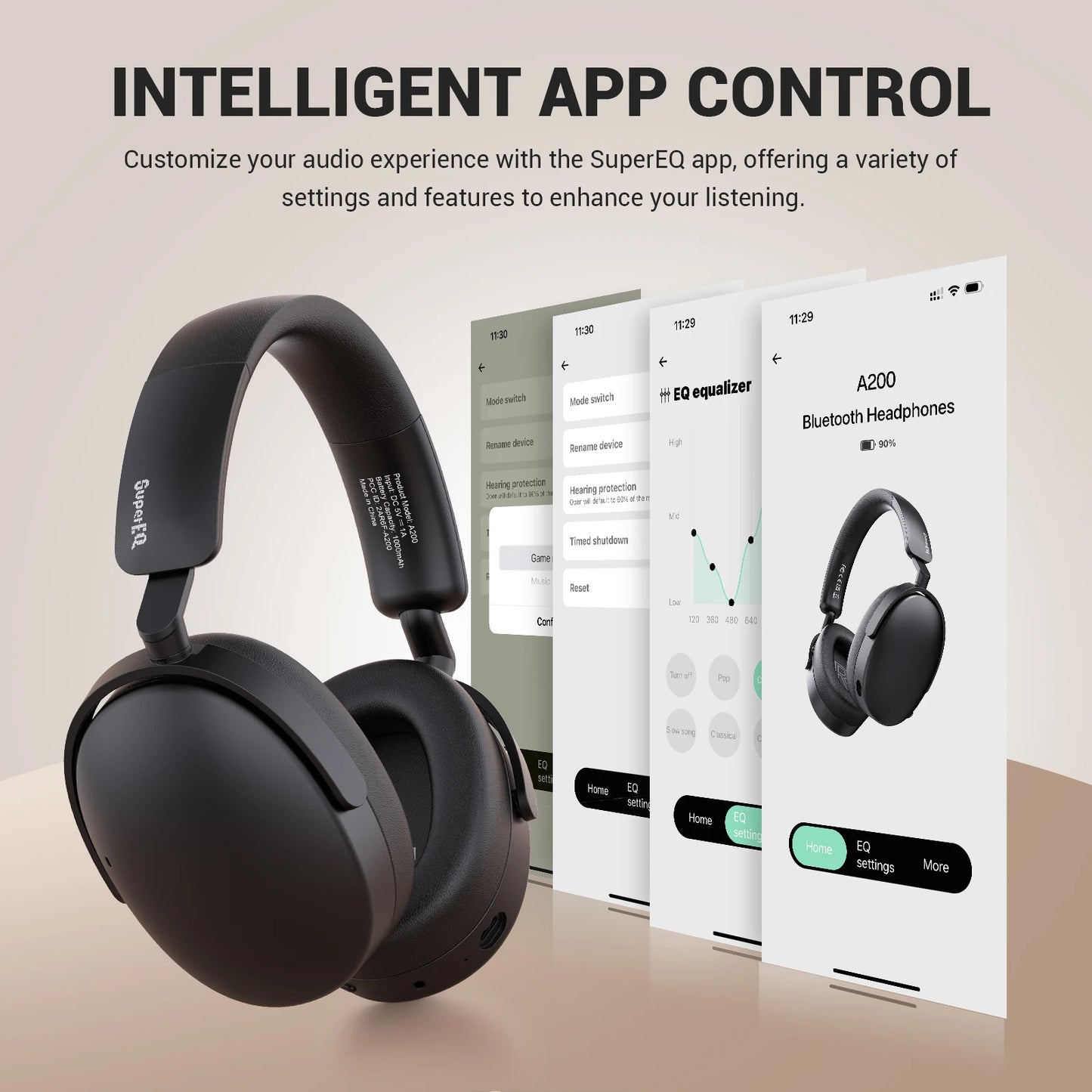 Auriculares inalámbricos Bluetooth 5.4 Oneodio SuperEQ A200 con ANC – Auriculares circumaurales con cancelación de ruido, micrófono ENC, audio Hi-Res y control desde app