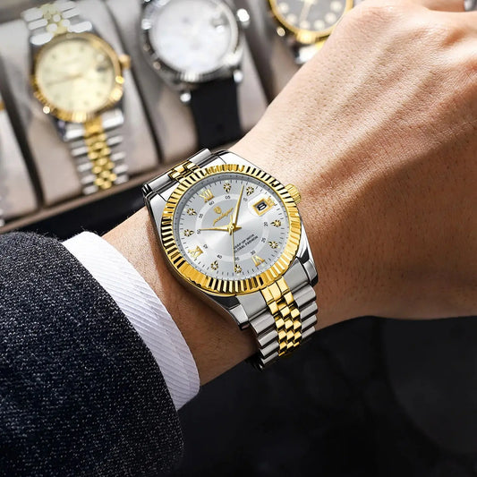 Montre à quartz classique et luxueuse pour homme POEDAGAR – Boîtier en acier inoxydable, affichage de la date, étanche, aiguilles luminescentes – Montre-bracelet élégante pour le travail ou les occasions formelles