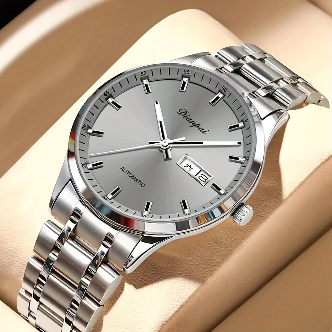 Reloj mecánico automático para hombre Dianpai: modelo de lujo, esfera luminiscente, diseño clásico y elegante, de acero inoxidable, resistente al agua, con calendario e indicación del día de la semana
