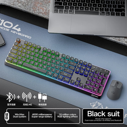 Freewolf M104 Tri-Mode Wireless Keyboard RGB 104 Keys Ultra Slim Quiet Membrane 4000mAh Large Battery for Office & Home