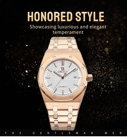 OBLVLO TM-ASP Luxury Men's Watch 41mm Blue Dial Rose Gold Automatic Luminous Waterproof Mechanical Casual Business Watch
