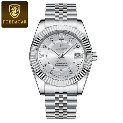 POEDAGAR herenhorloge – Luxe model, waterdicht, van roestvrij staal, met lichtgevende wijzerplaat, militaire stijl, datumfunctie, quartz uurwerk, ideaal voor op het werk of bij zakelijke gelegenheden.