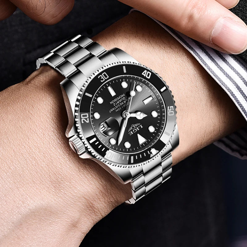 Reloj para hombre LIGE: cronógrafo de cuarzo, resistente al agua, estilo informal y profesional, accesorio de moda de lujo de una gran marca.