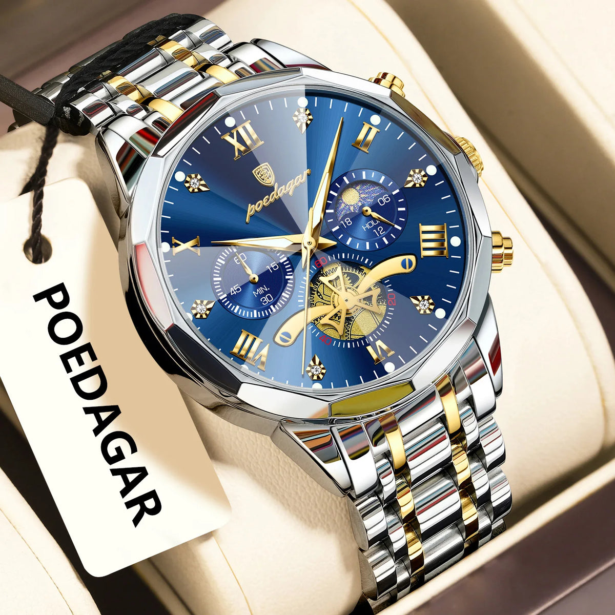 Originele luxe POEDAGAR herenhorloge, waterdicht, chronograaf met verlichting, roestvrijstalen quartz-polshorloge, hoogwaardige herenhorloges