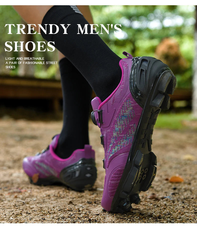 Sapatos de ciclismo MTB para homem e mulher T03 roxos respiráveis, de velocidade, autoblocantes, para ciclismo de estrada, corrida ao ar livre e treino