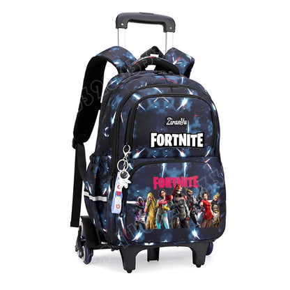 Mochila com Rodas Fortnite Anime, Impermeável, de Grande Capacidade, para Estudante — Saco Escolar Casual de Viagem com Carrinho e Subida Fácil de Escadas