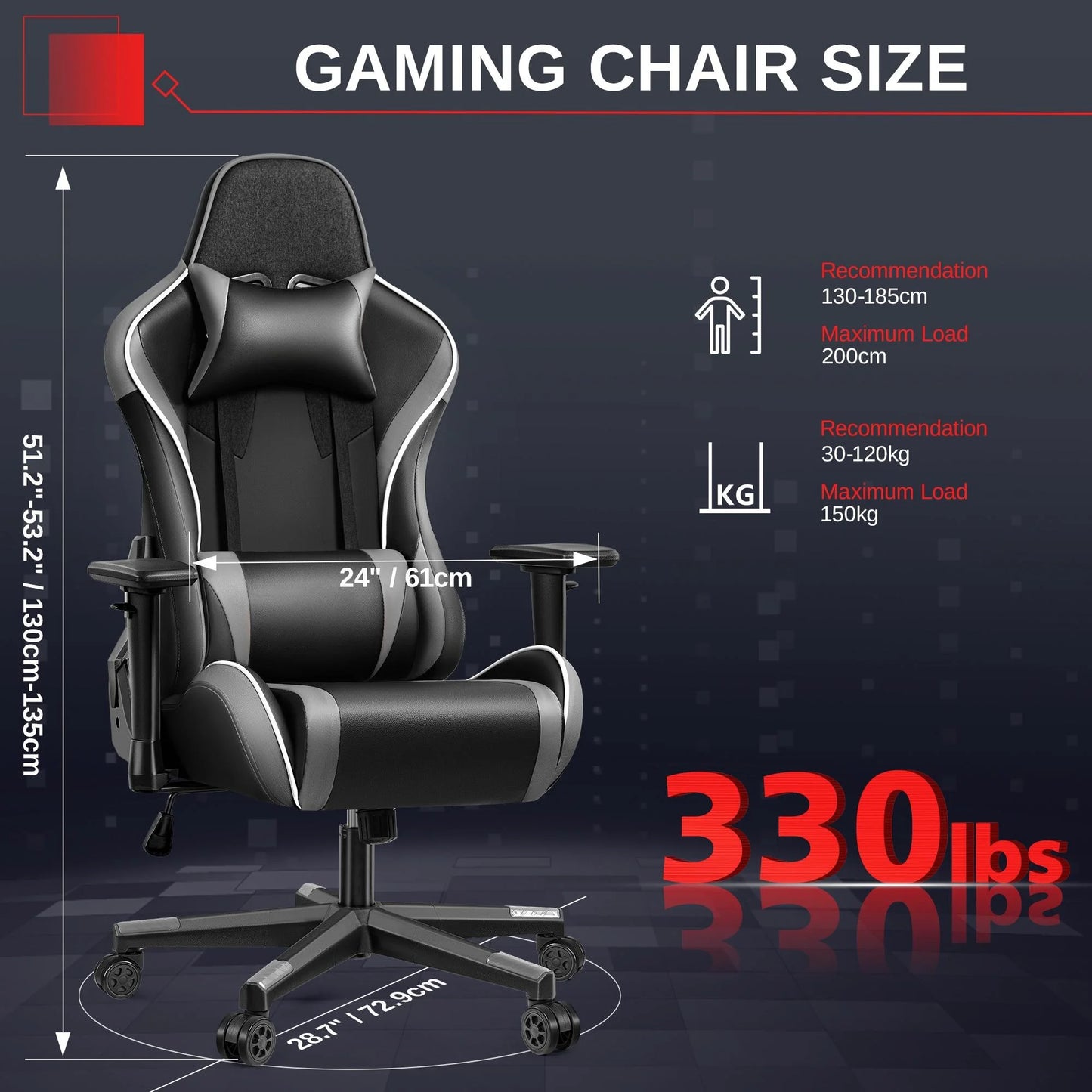 Gaming Chair, Ergonomic, with Headrest Lumbar Pillow, 135° Reclining, PU Leather Computer Chair, Black Gray