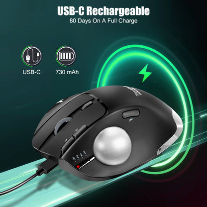 Lefon F33 Bluetooth Ergonomic Trackball Mouse, Rechargeable Wireless Trackball Mouse with Bluetooth & 2.4G, 4800 DPI Ergonomic Rollerball Mouse for PC, Office & Drawing