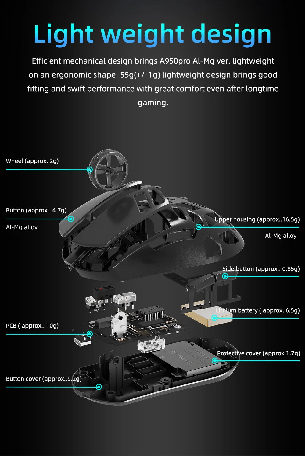 Mouse da gaming wireless DAREU Al-mg Tri-mode 8Khz PBT con ricarica rapida, PAW3950, 30000 DPI, leggero, per PC gamer