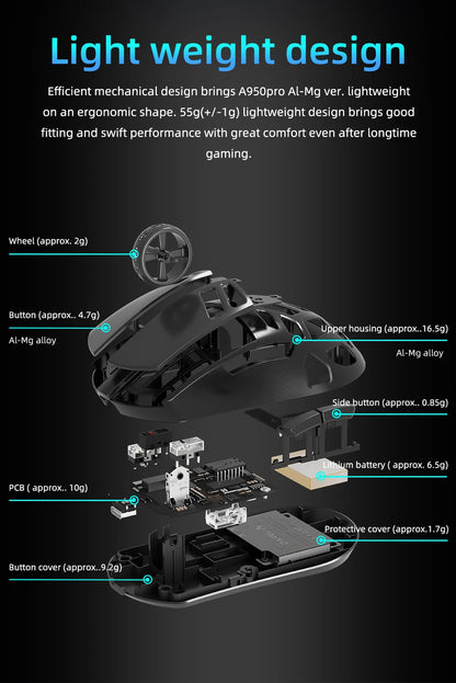 Mouse da gaming wireless DAREU Al-mg Tri-mode 8Khz PBT con ricarica rapida, PAW3950, 30000 DPI, leggero, per PC gamer