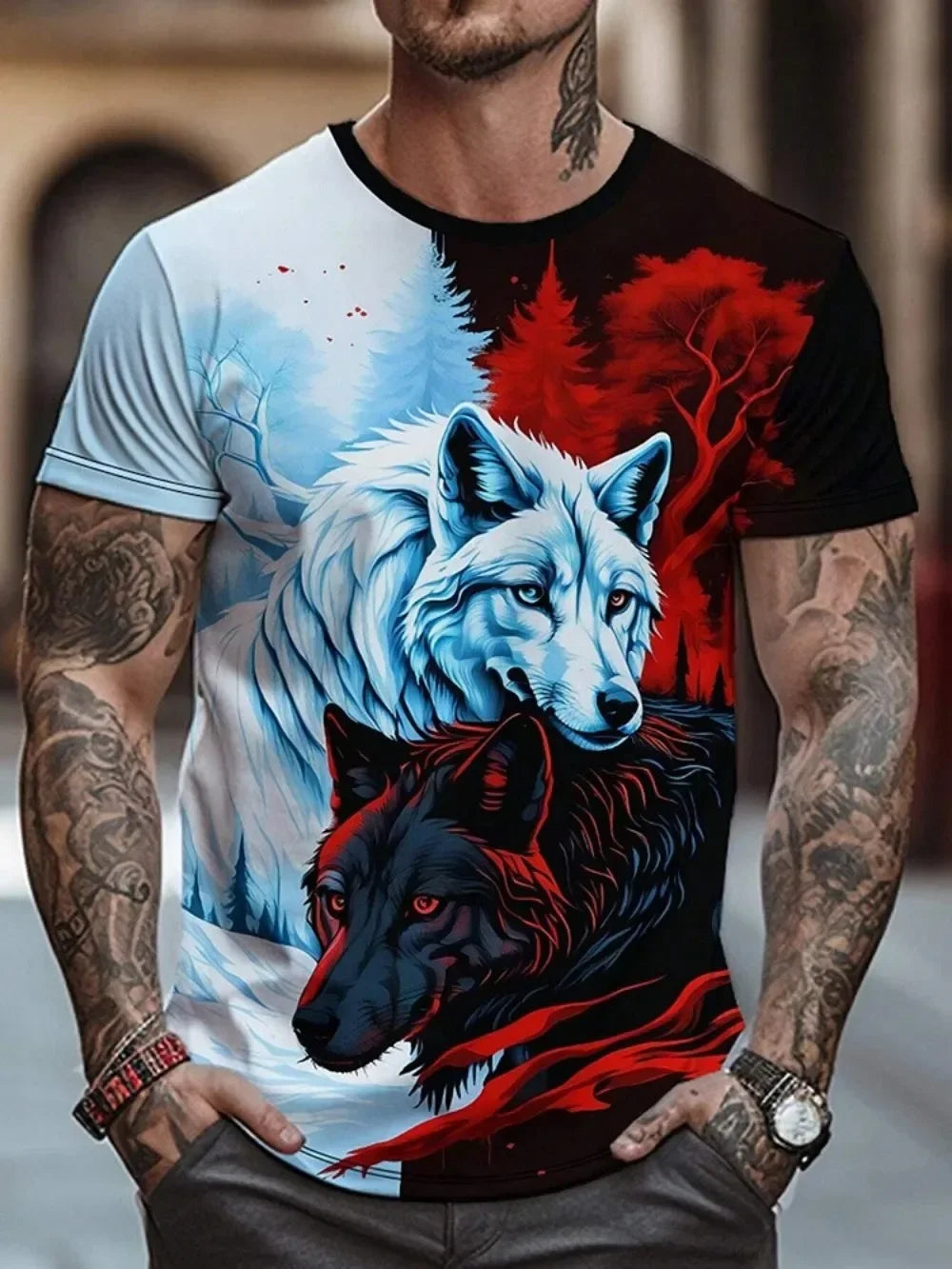 Herr-T-shirt med vildvargsmönster, sommar, streetwear, utomhus, andningsbar, avslappnad T-shirt, överdelar, 3D-tryckta T-shirts, modekläder för män