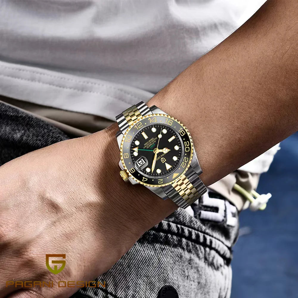 „Pagani Design GMT“ mechaninis vyriškas laikrodis – prabangus modelis su safyro stiklu, nerūdijančio plieno korpusu ir keraminiu rėmeliu – automatinis vyriškas laikrodis, verslo stiliaus