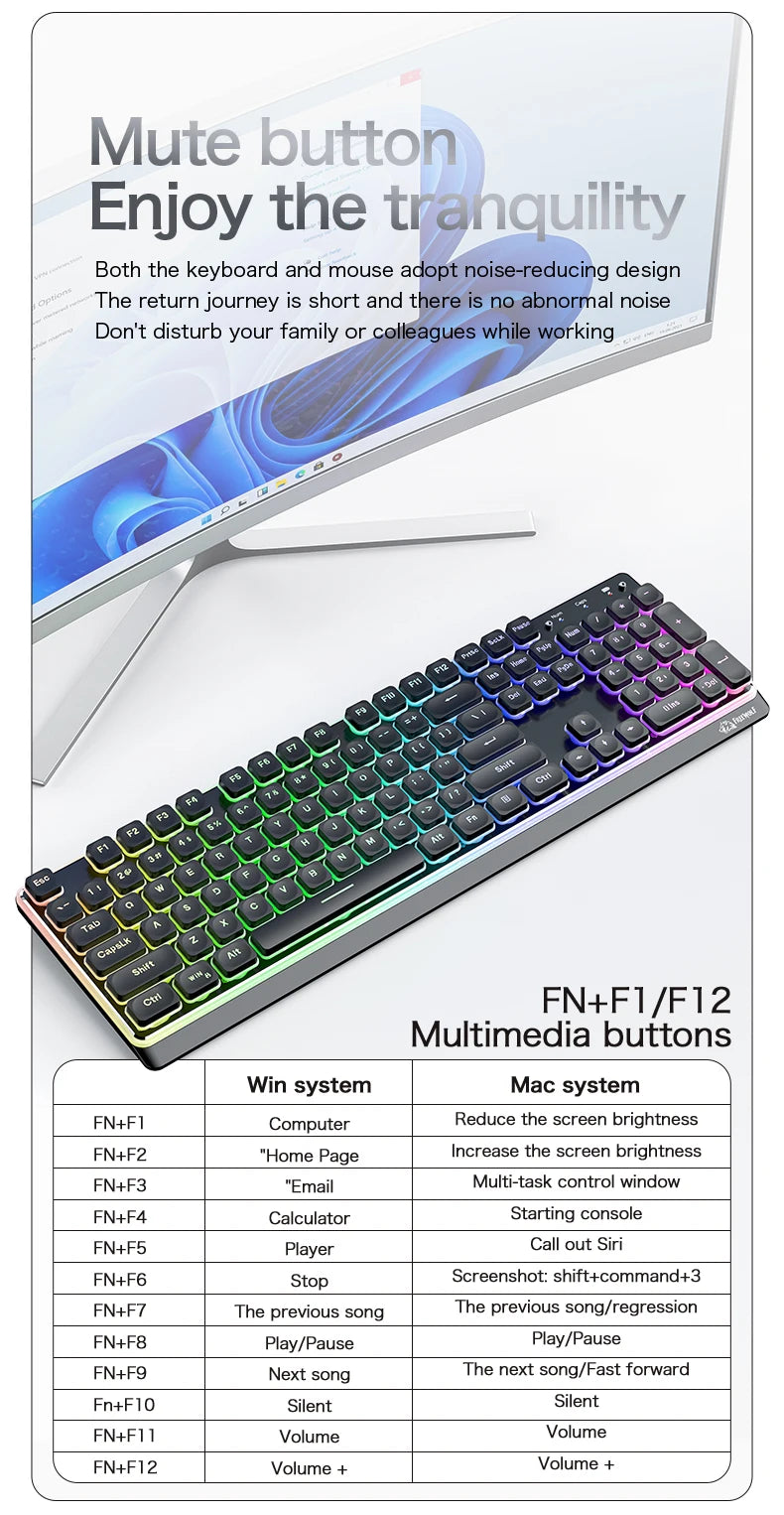 Freewolf M104 Tri-Mode Wireless Keyboard RGB 104 Keys Ultra Slim Quiet Membrane 4000mAh Large Battery for Office & Home