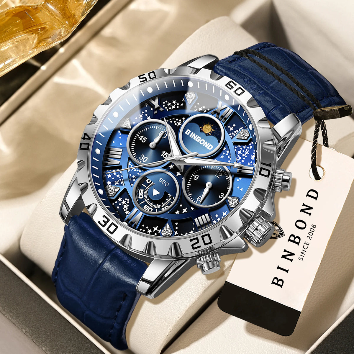 Authentic and accurate BINBOND quartz wristwatch for men, a luxury, water-resistant chronograph with a luminous display and leather strap.