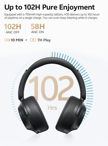 Auriculares circumaurales QCY H3S ANC Bluetooth 6.0 – Audio espacial Hi-Res LDAC, cancelación de ruido adaptativa de -56dB, auriculares inalámbricos
