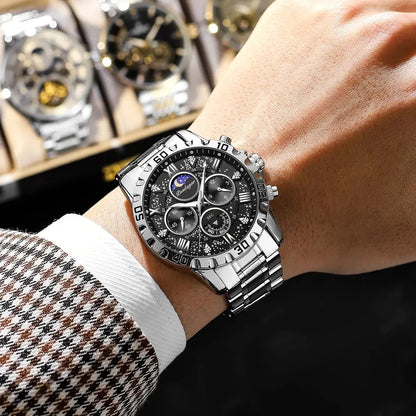 Montre homme de luxe POEDAGAR, étanche, lumineuse, en acier inoxydable, à quartz, chronographe, style militaire.