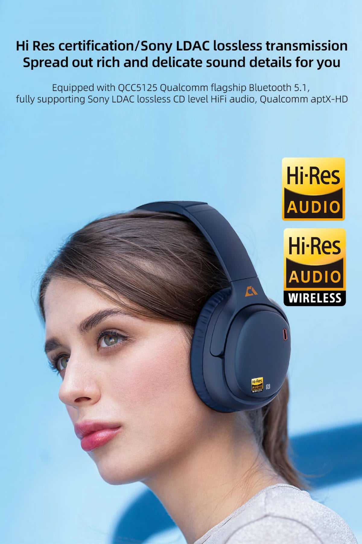 1Mii E700 Wireless Bluetooth Headphones LDAC Lossless Hi-Res Sound, ANC Active Noise Reduction, HIFI Stereo Gaming Headset, 65H
