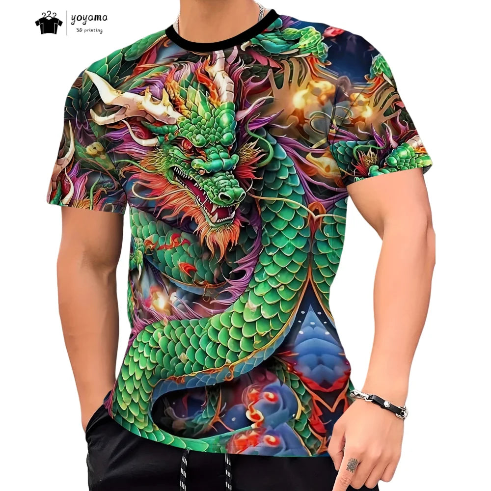 Men's t-shirts Dragon Pattern Short Sleeve Tee Fashion Street O-Neck Top Trend Animal 3D Printing Loose Versatile Men's Clothing
