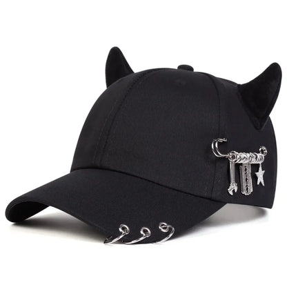 Personalized cow horn iron ring baseball cap versatile student curved brim duckbill cap for men and women street hip-hop