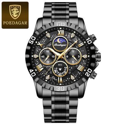 Reloj para hombre POEDAGAR: cronógrafo de lujo, resistente al agua y luminiscente, de acero inoxidable, de estilo deportivo y militar, con movimiento de cuarzo