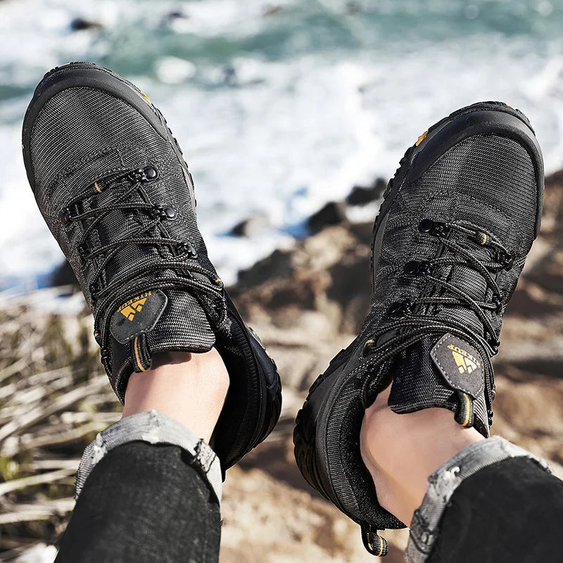 HIKEUP Pantofi de drumeție pentru bărbați, pentru patru sezoane, sport outdoor, piele naturală, rezistenți la uzură, pantofi de escaladă cu talpă din cauciuc, sneakeri de trekking