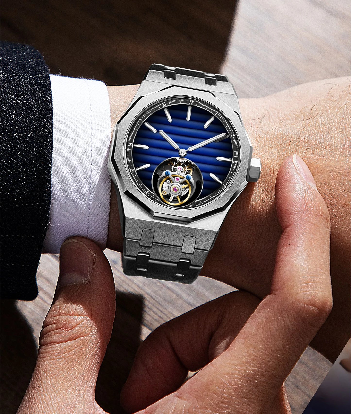 Raymondoya Men's Flying Tourbillon Movement Mechanical Automatic Luxury Watches Wristwatches Skeleton Watch Brand For Men Sapphire