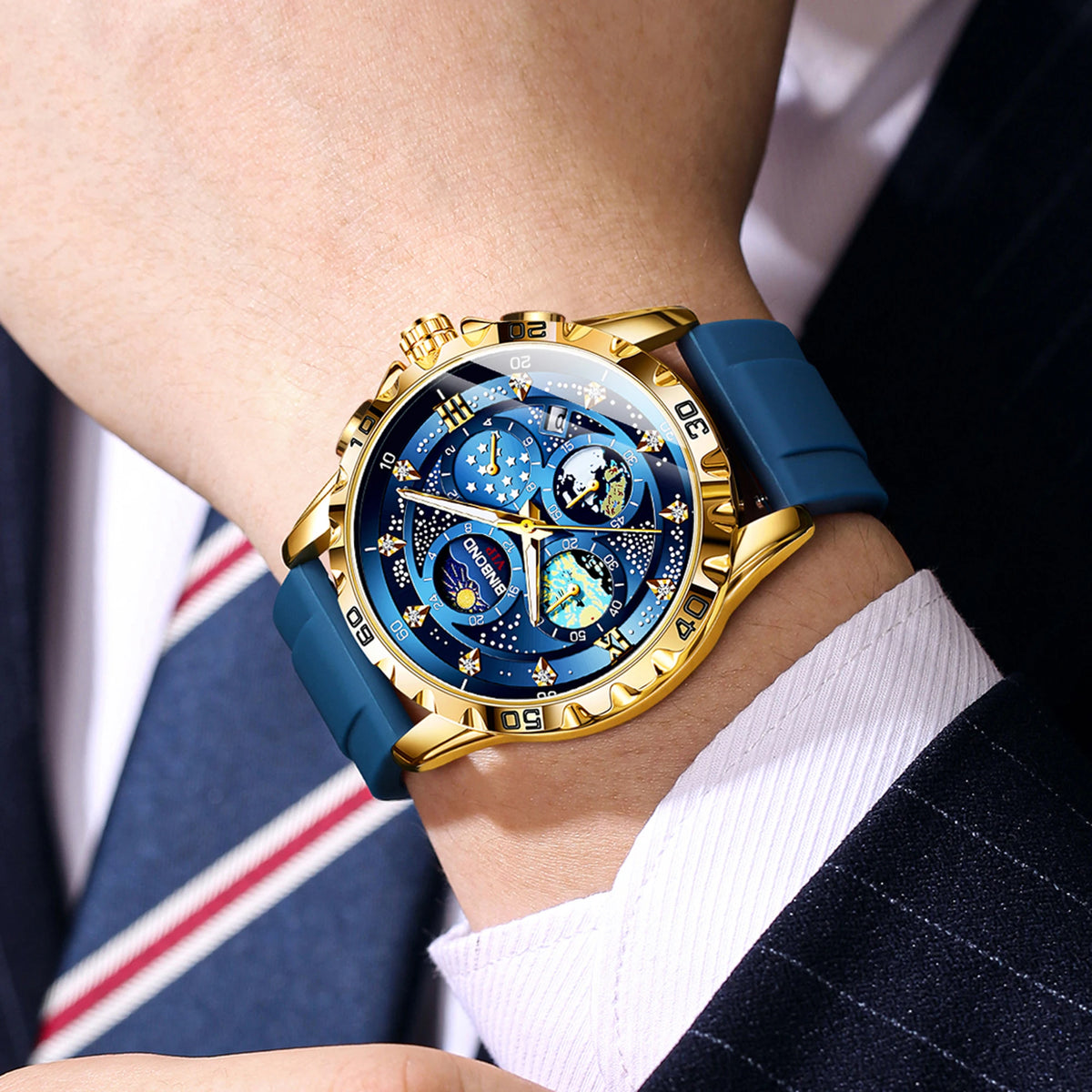 Luxe BINBOND-kwartshorloges voor heren, verlicht, waterdicht, chronograaf met automatische datum, zakelijke, sportieve en casual stijl