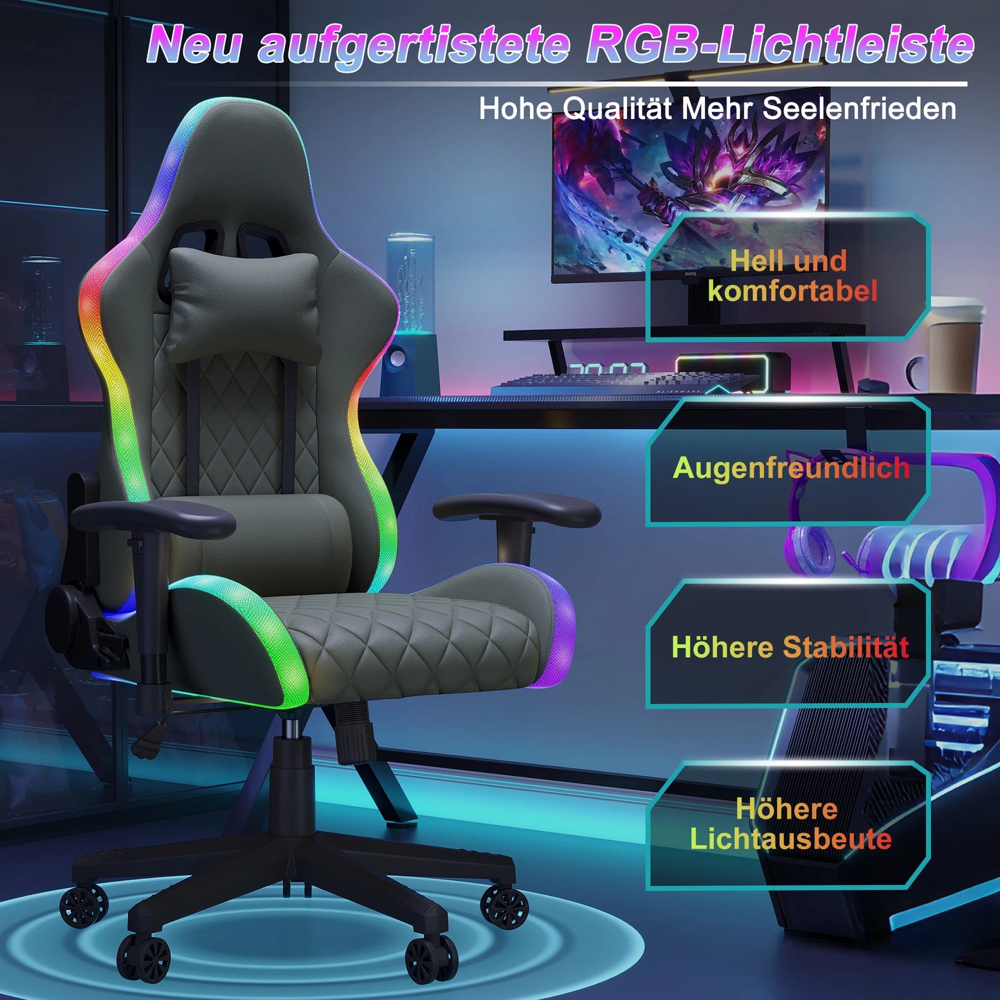 Comanlai Ergonomic Gaming Chair with RGB LED Lights Massage Lumbar Pillow Adjustable Recline Height Game Chair for Office Gaming
