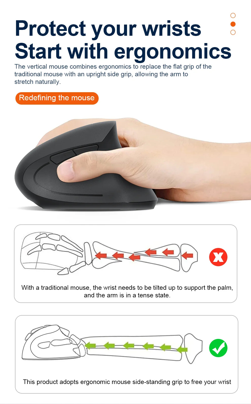 2.4G Bluetooth kabellose vertikale Maus, wiederaufladbar, ergonomisch, 1600DPI einstellbare Gaming-Maus mit 6 Tasten für Laptop, PC und Computer