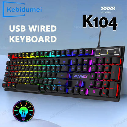 Teclado Gaming com Fio de 104 Teclas com Sensação Mecânica para Portátil e PC, Ergonómico, Retroiluminado RGB, 61 Teclas, Switches Cyan e Keycaps