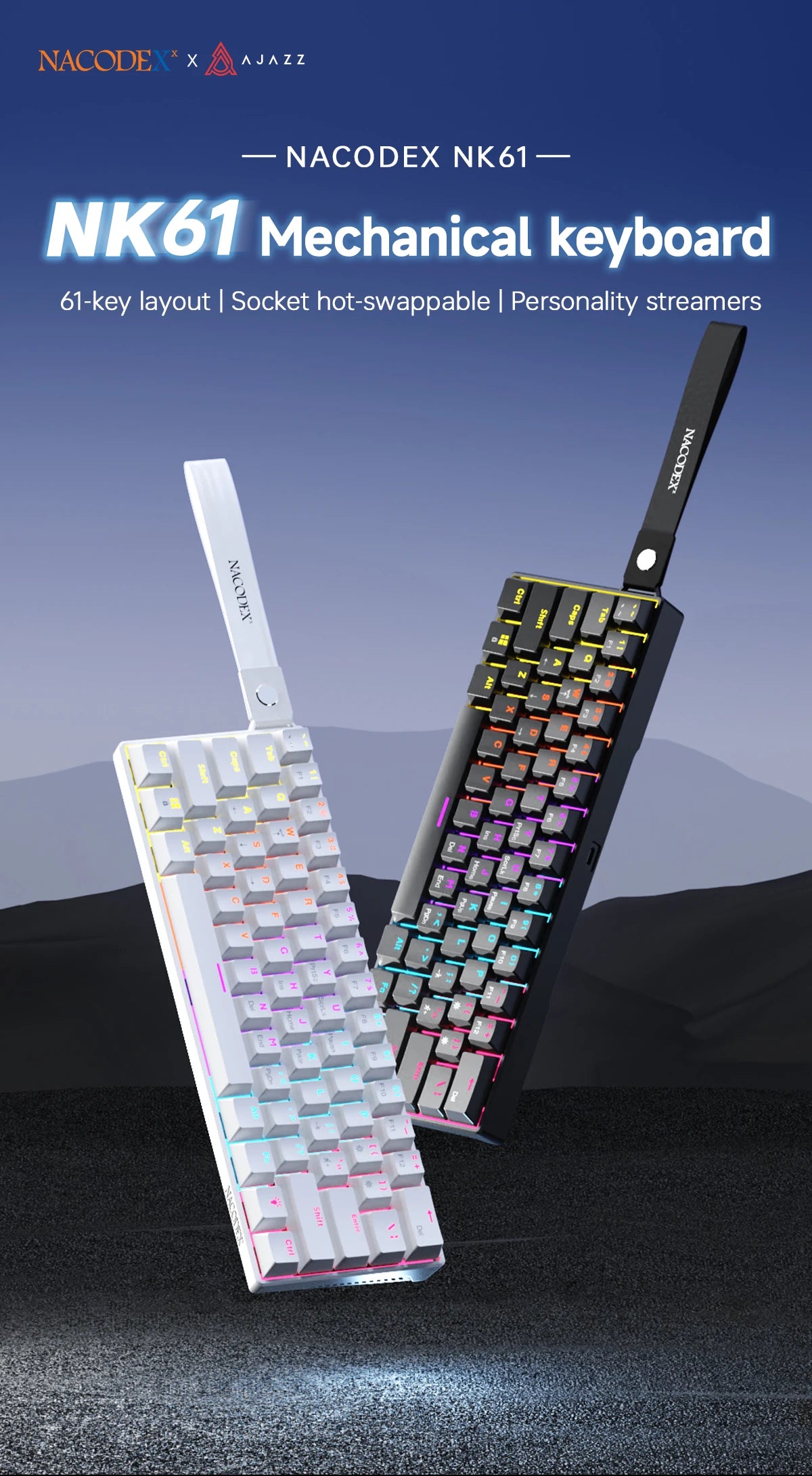 Teclado mecânico gaming com fios AJAZZ NK61 60% RGB hot-swappable, 61 teclas, switch vermelho, mini teclado para PC gamer