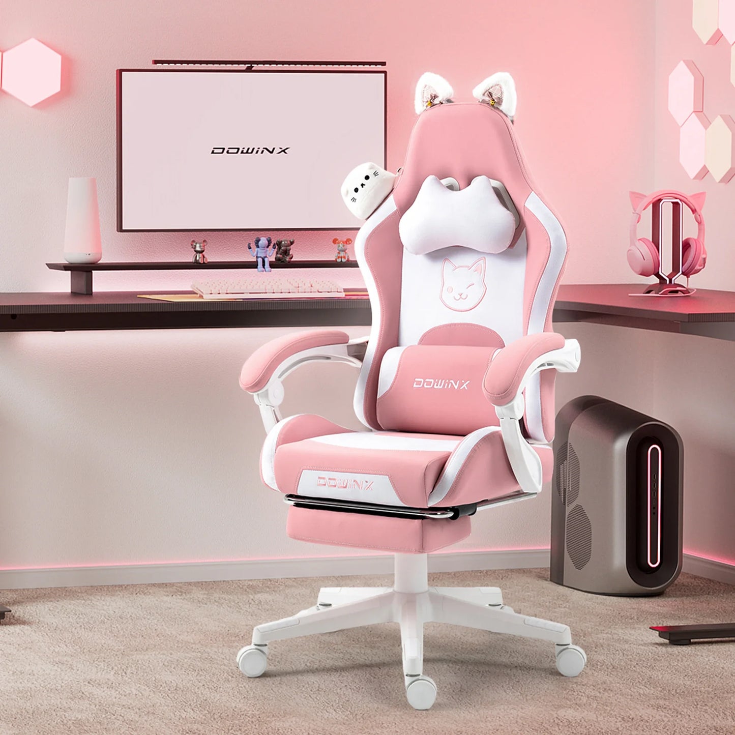 Cadeira Gaming Kawaii Cor-de-Rosa com Orelhas de Gato, Apoio para os Pés, Encosto Alto Ergonómico e Apoio Lombar com Pata de Gato