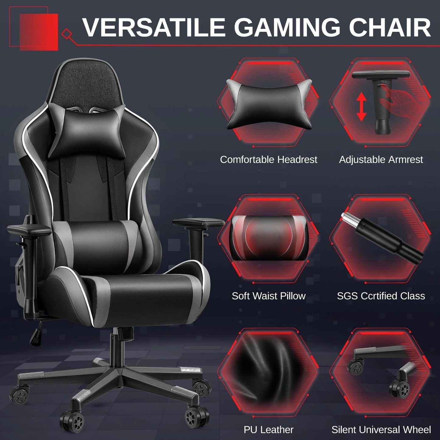 Gaming Chair, Ergonomic, with Headrest Lumbar Pillow, 135° Reclining, PU Leather Computer Chair, Black Gray