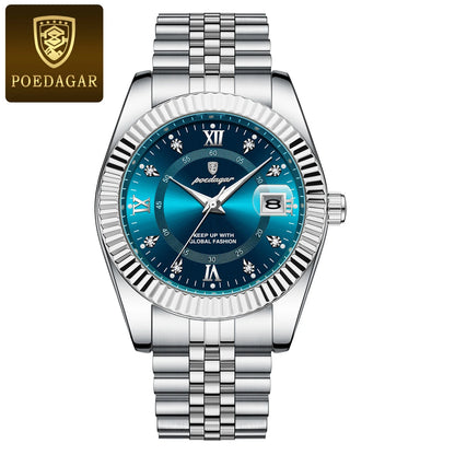 POEDAGAR herenhorloge – Luxe model, waterdicht, van roestvrij staal, met lichtgevende wijzerplaat, militaire stijl, datumfunctie, quartz uurwerk, ideaal voor op het werk of bij zakelijke gelegenheden.