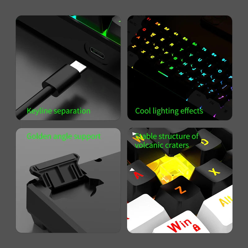 60% compact wired keyboard with 61 key membrane layout, RGB backlighting, ergonomic design, small and portable office computer