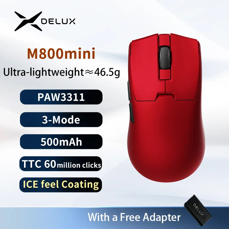 Delux M800mini trådlös gamingmus, 46g lätt, PAW3395/PAW3311, 1KHz polling rate för PC-gamers med små till medelstora händer