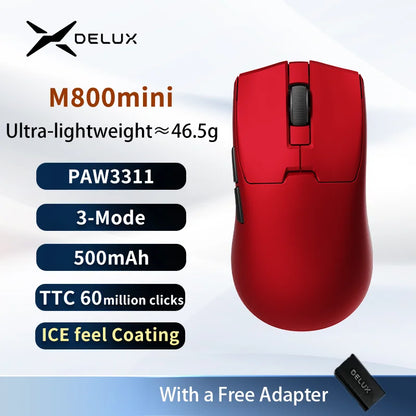 Delux M800mini trådlös gamingmus, 46g lätt, PAW3395/PAW3311, 1KHz polling rate för PC-gamers med små till medelstora händer