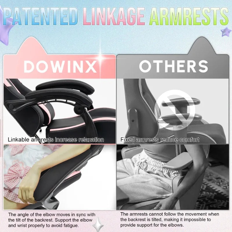 Cadeira Gaming Kawaii Cor-de-Rosa com Orelhas de Gato, Apoio para os Pés, Encosto Alto Ergonómico e Apoio Lombar com Pata de Gato